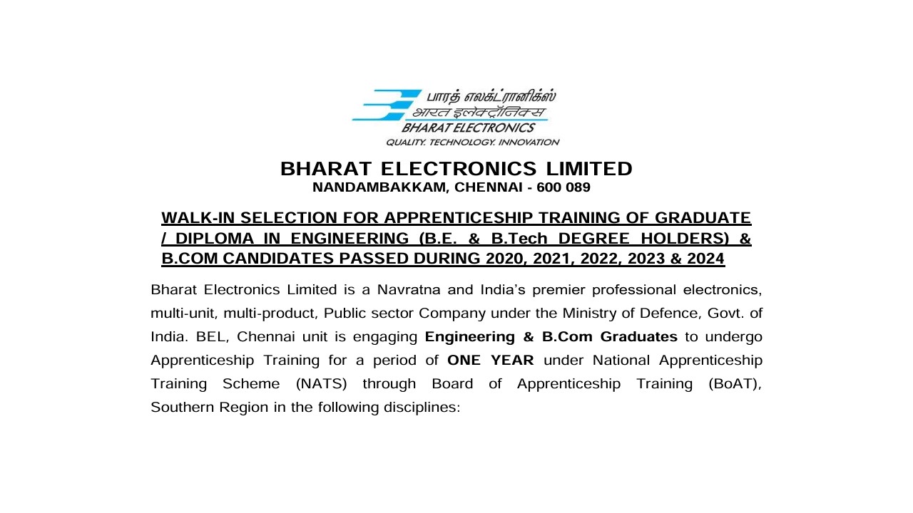 BEL Recruitment 2025 – Walk in for 83 Posts