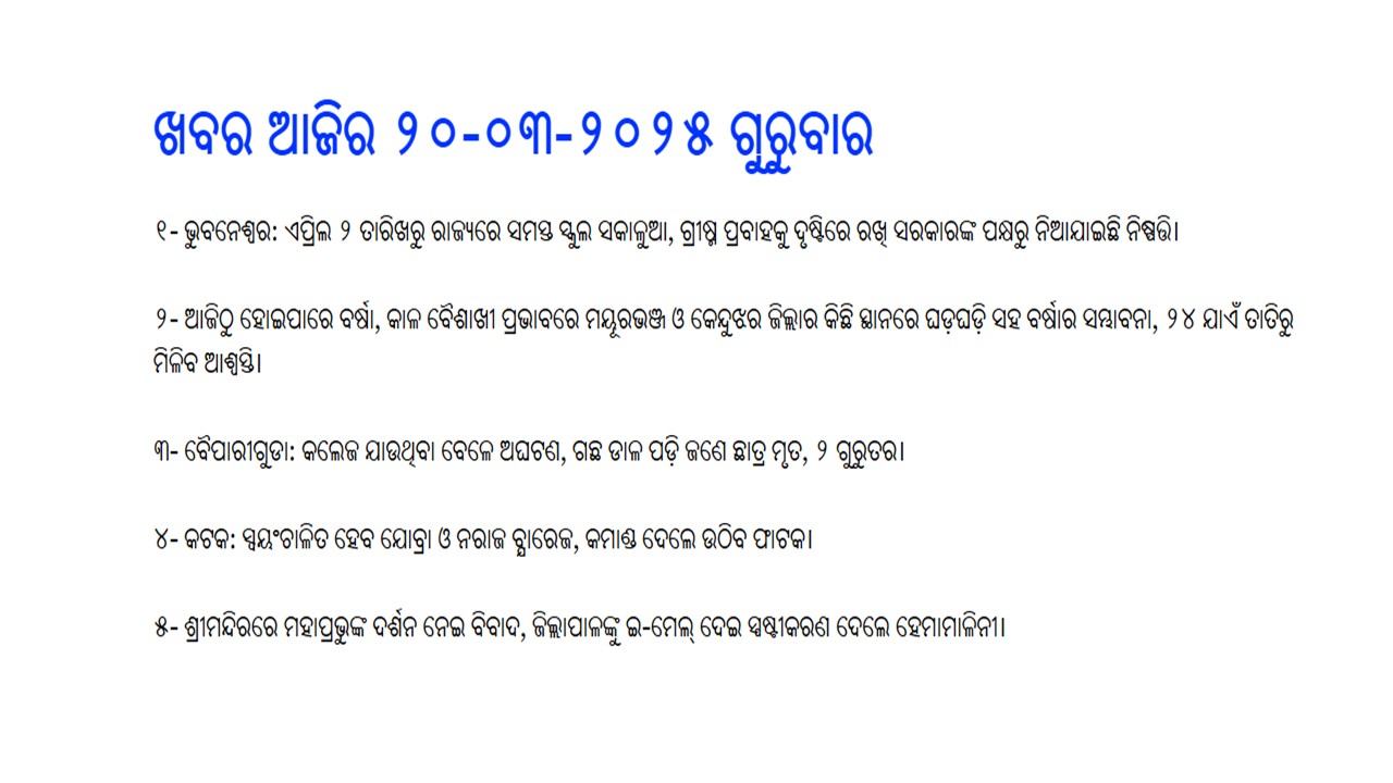 ଖବର ଆଜିର୨୦-୦୩-୨୦୨୫ ଗୁରୁବାର